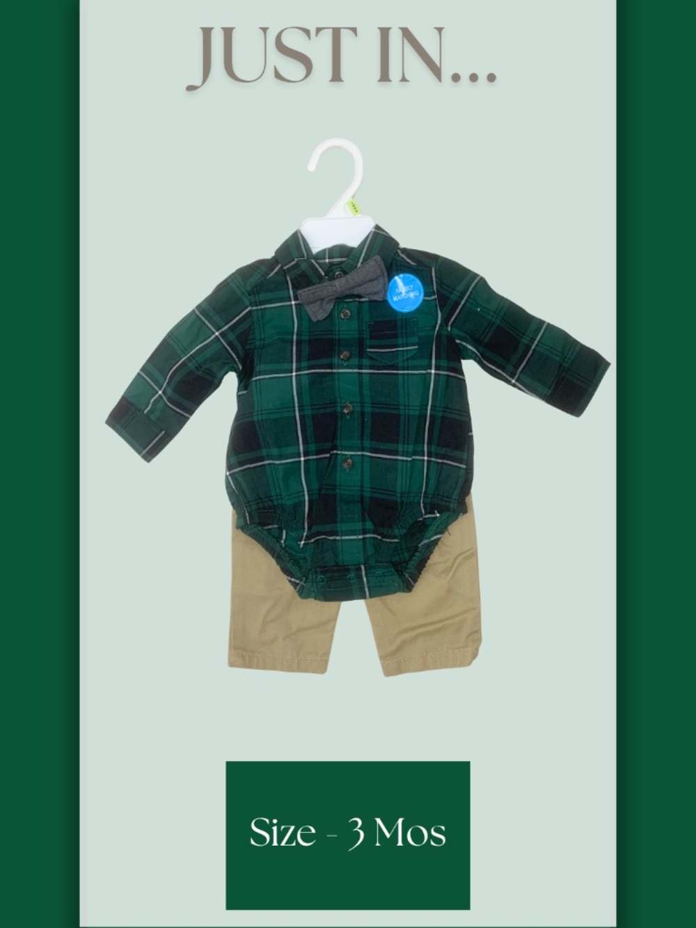 Carter's Green Plaid Bodysuit with Gray Bow Tie and Khaki Pants 3mos Fall Preppy